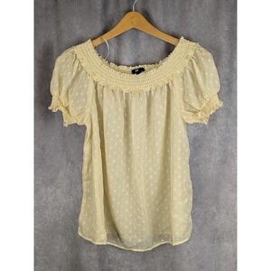 HM Cream Swiss Dot Smocked Off Shoulder Puff Sleeve Blouse Women Size4 Boho-C146